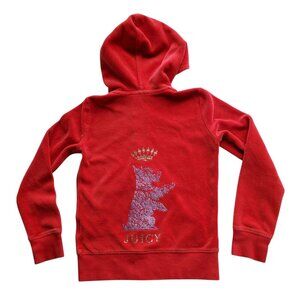 Juicy Couture Girl’s Red Velour Shiny Puppy Rhinestone Crown Graphic Hoodie 6/7